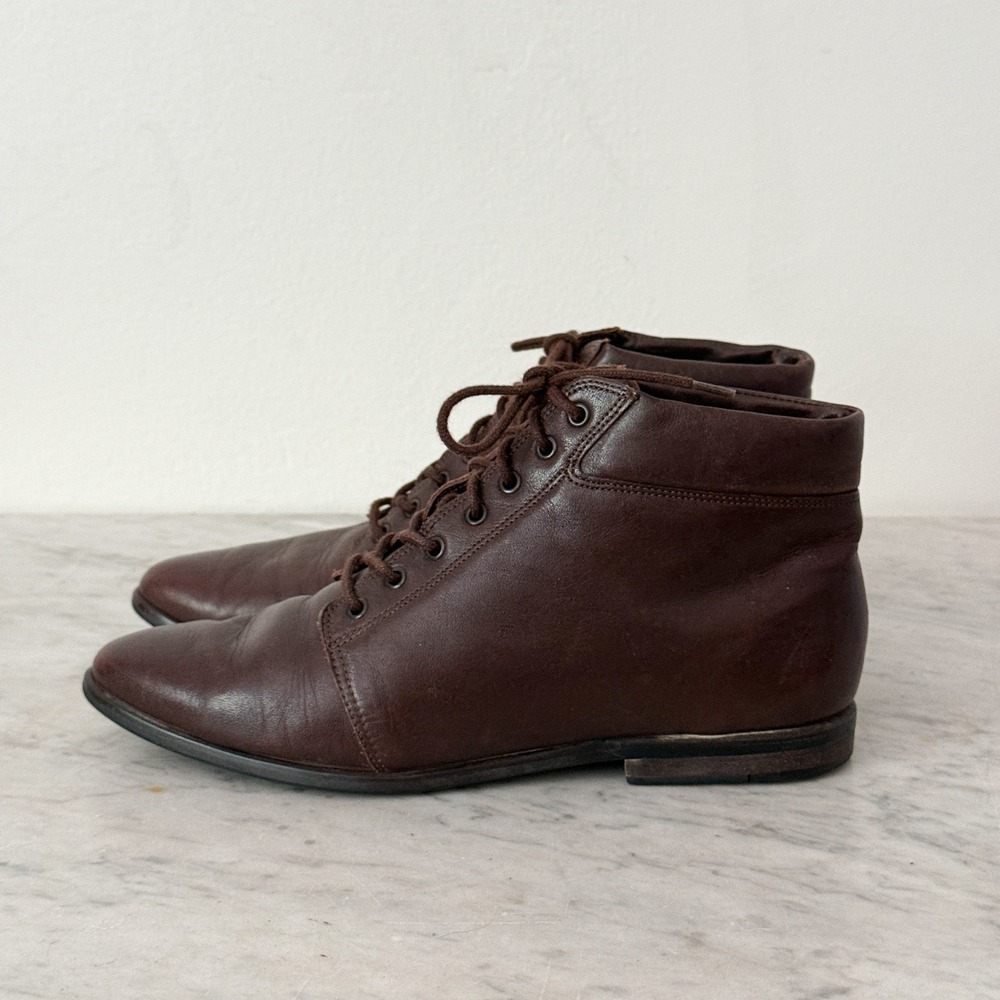 Vintage Leather Lace Up Ankle Boots 6 Academia Pointed Toe Brown Flat Booties